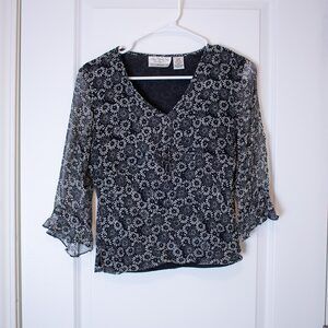 Sheer Black Floral Beaded Blouse NYC Design Co Tie Front Top P Med | True Winter